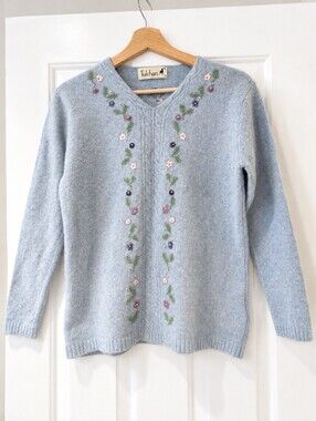 Vintage 90s Y2K Cottagecore Sweater Angora Wool Blue V Neck Floral Embroidered S